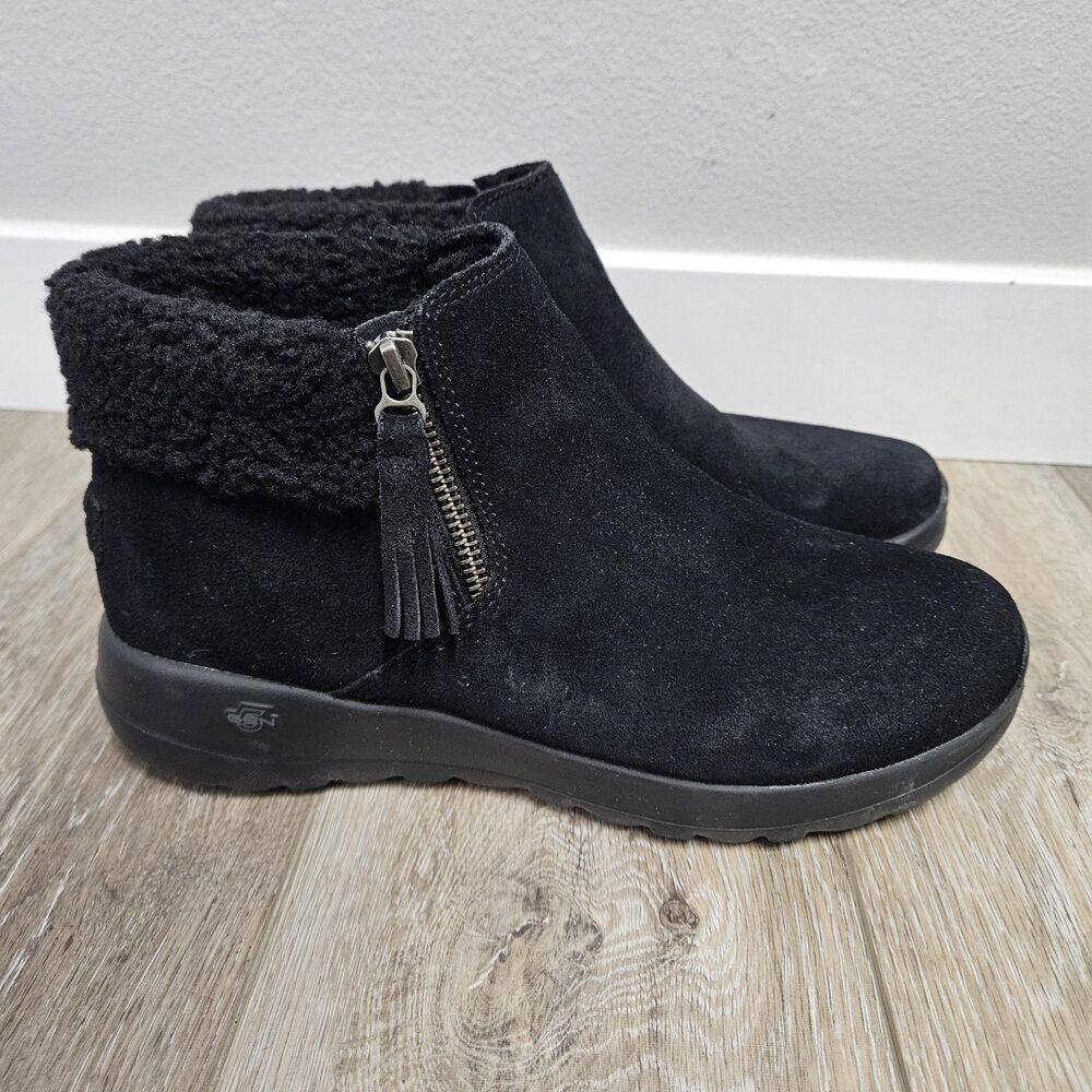 Skechers Gen 5 Goga Mat Black Suede Boots Faux Fur Ankle Zip Air Cooled Womens 9